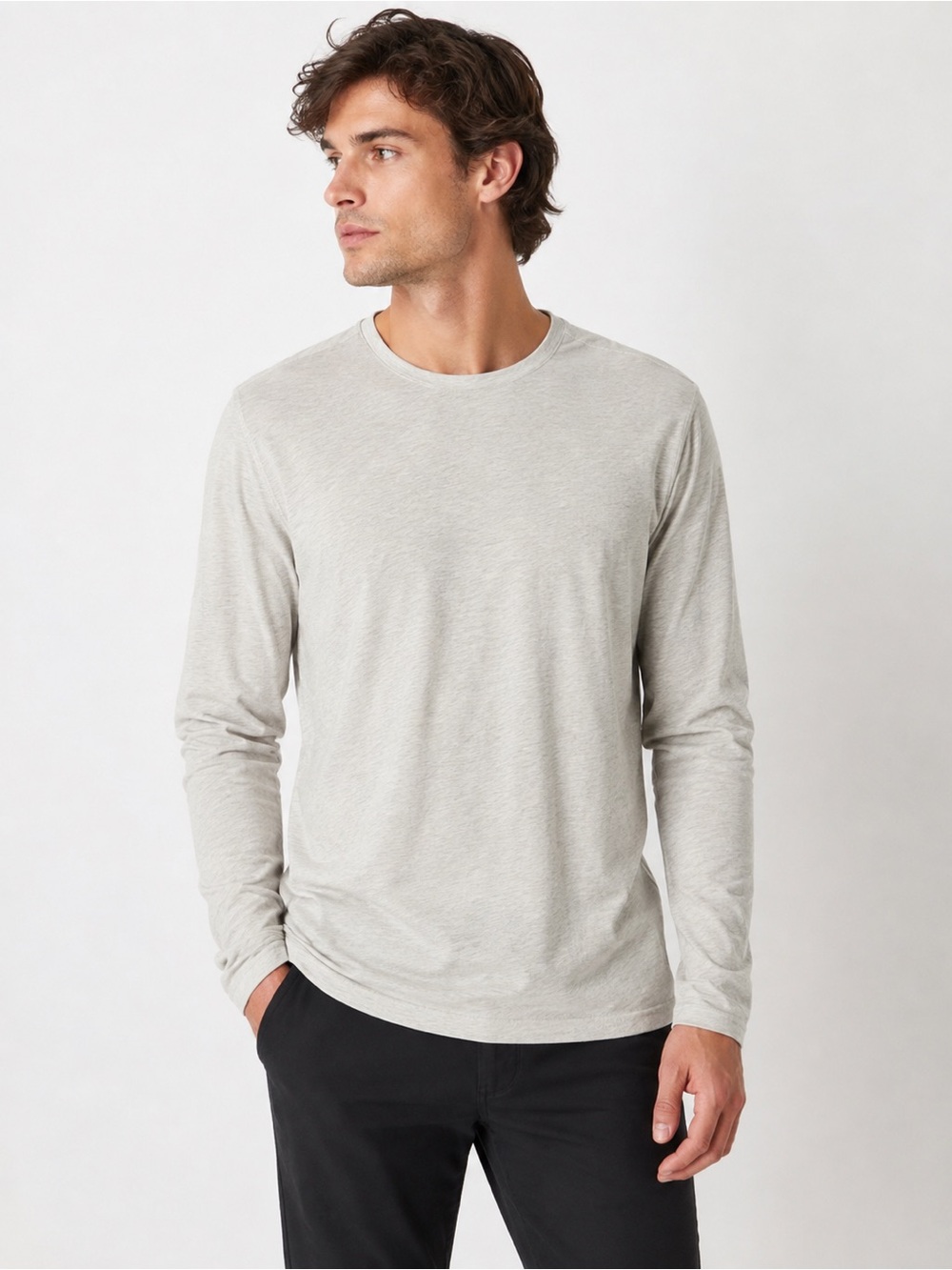 H&M Men's Long-Sleeve Crewneck Shirt - Light Gray/Cream Large